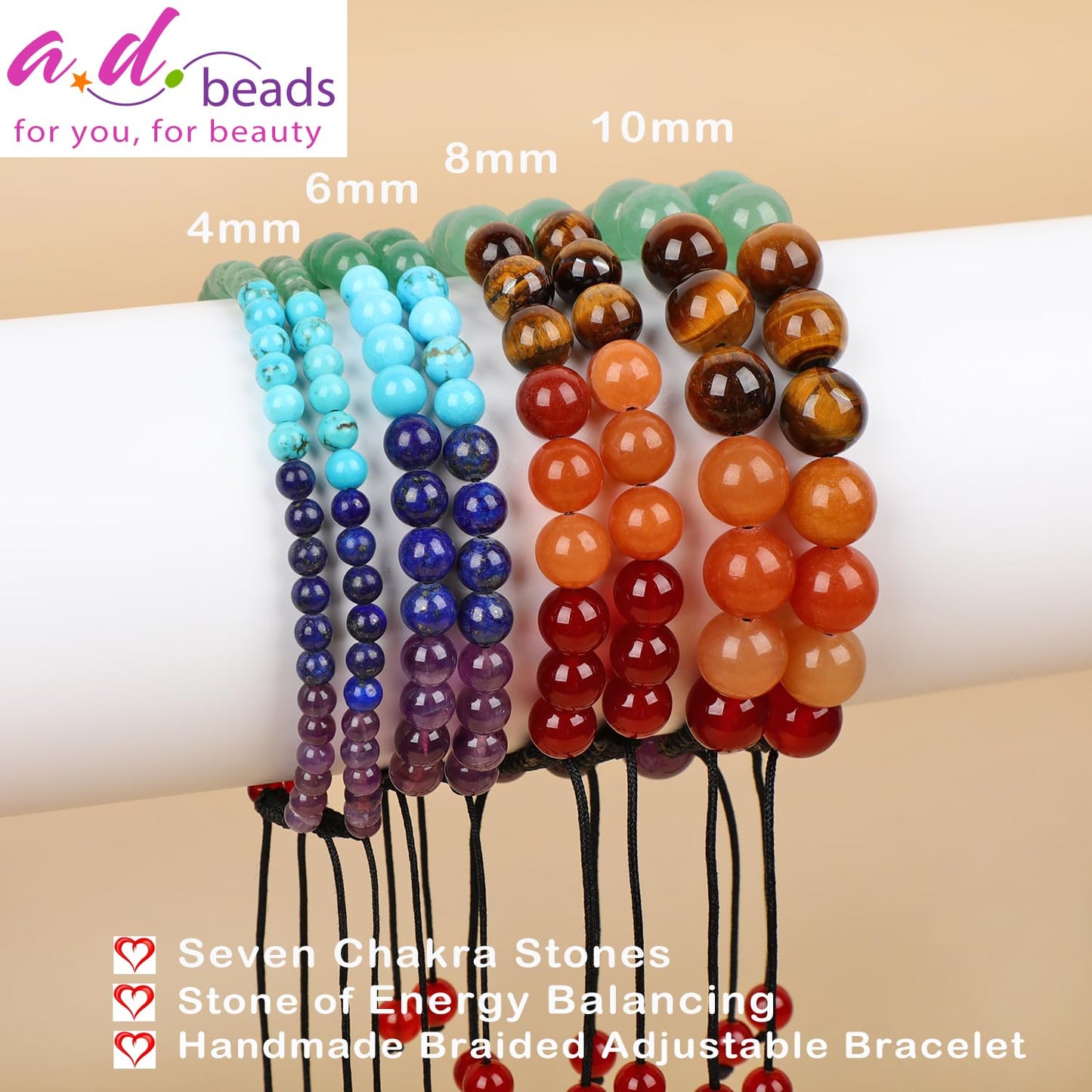 AD Beads 4mm Seven Chakra - Energy Balancing - Handmade Natural Stone Crystal Bracelet with Adjustable Macrame String - Yoga Healing Power Energy Gifts for Men and Women