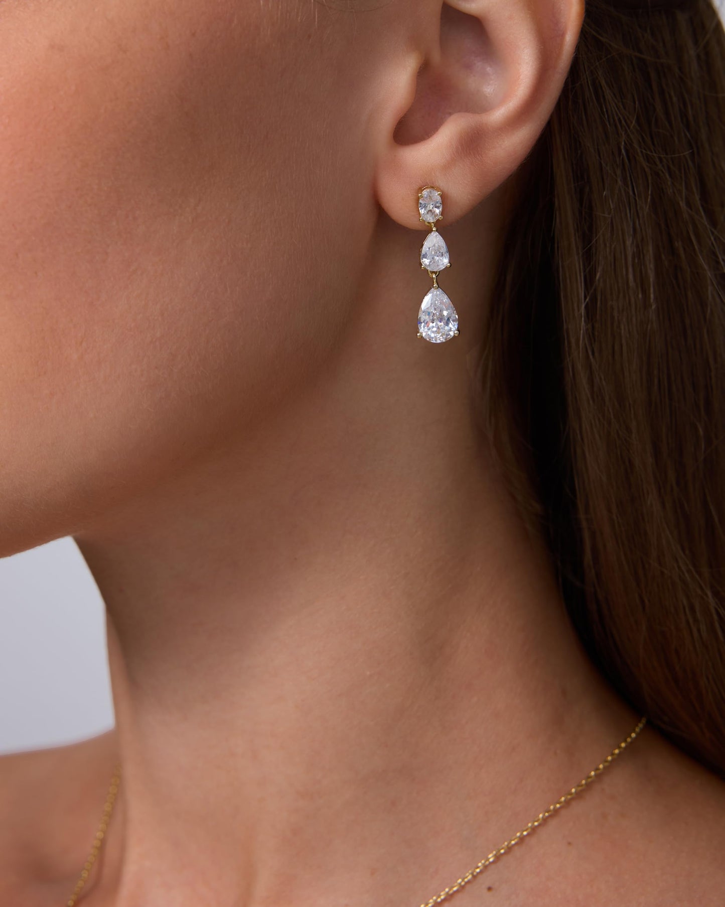 PAVOI Rhodium Plated Cubic Zirconia Dangle Earrings for Women - Crystal Long Linear Bridal Drop Earrings - Triple CZ Pear Simulated Diamond Drop Dangle Wedding Jewelry for Brides & Bridesmaid