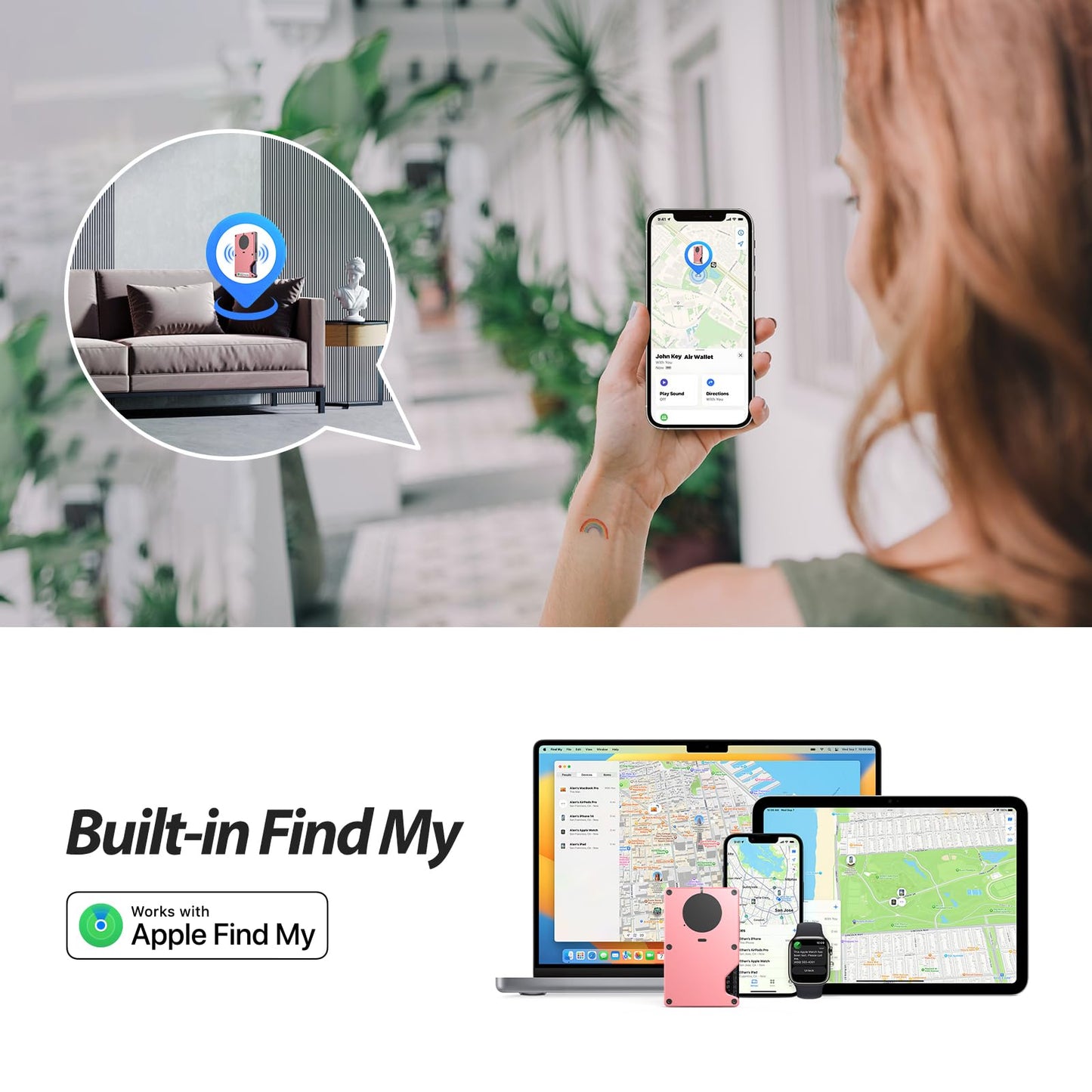 Air Wallet, Built-in Tracker Slim Wallet, Smart Wallet with Money Clip, Compatible with FindMy Network(iOS Only), Anti-Theft Card Holder, *Gift for Men (Tracker Wallet,Macaron Powder)