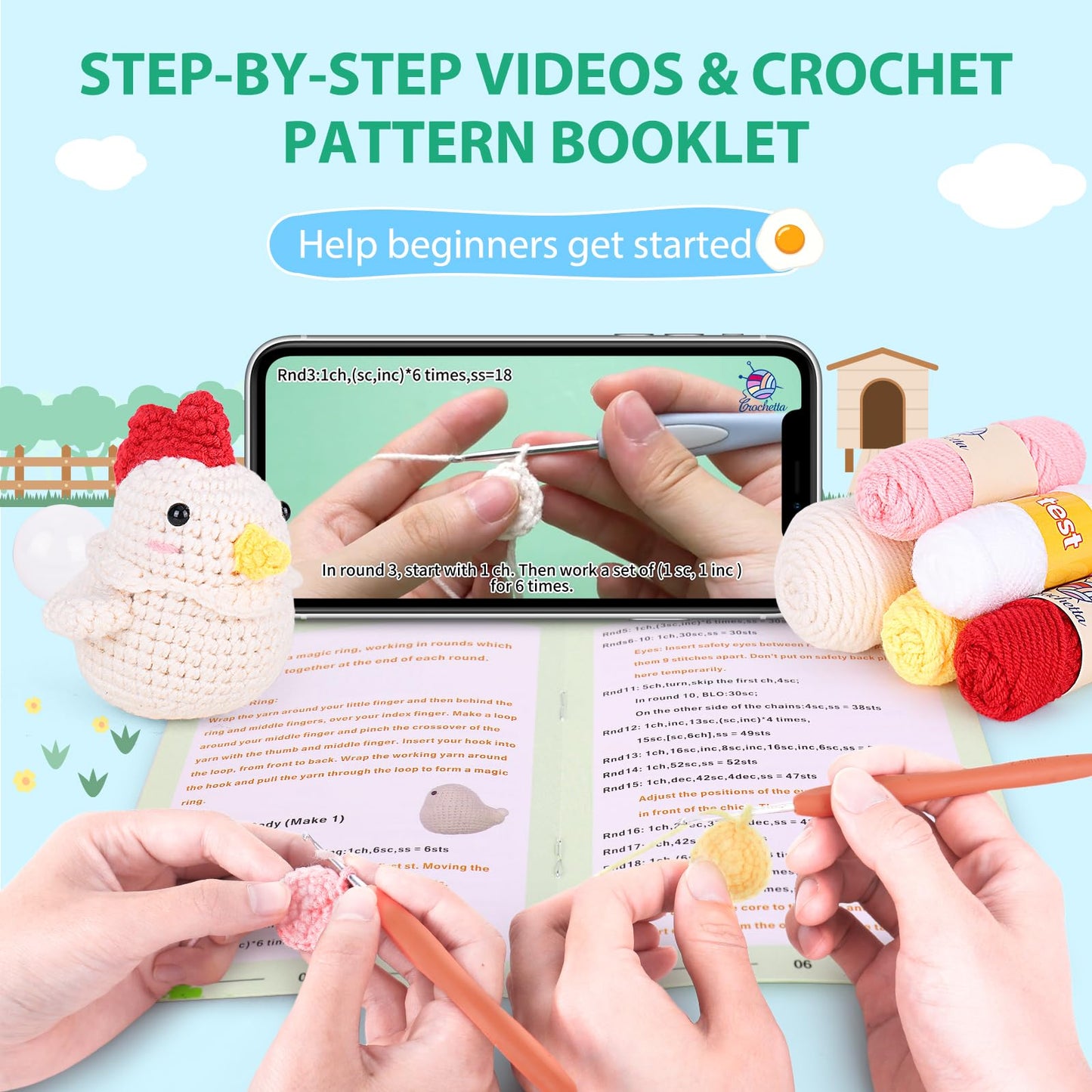 Crochetta Crochet Kit for Beginners, Squeeze Bubble Amigurumi Crocheting Kits w Step-by-Step Video Tutorials, Knitting Starter Supplies for Adults Kids, Anxiety Relief Bubble Chicken (40%+ Yarn)