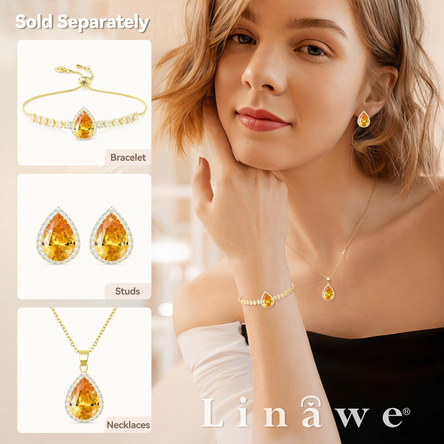 Linawe Yellow Citrine Stud Earrings, Gold Hypoallergenic Statement Imitation Diamond Wedding Earrings Studs, Orange Cubic Zirconia Teardrop Rhinestone Crystal Piercing Earrings Set