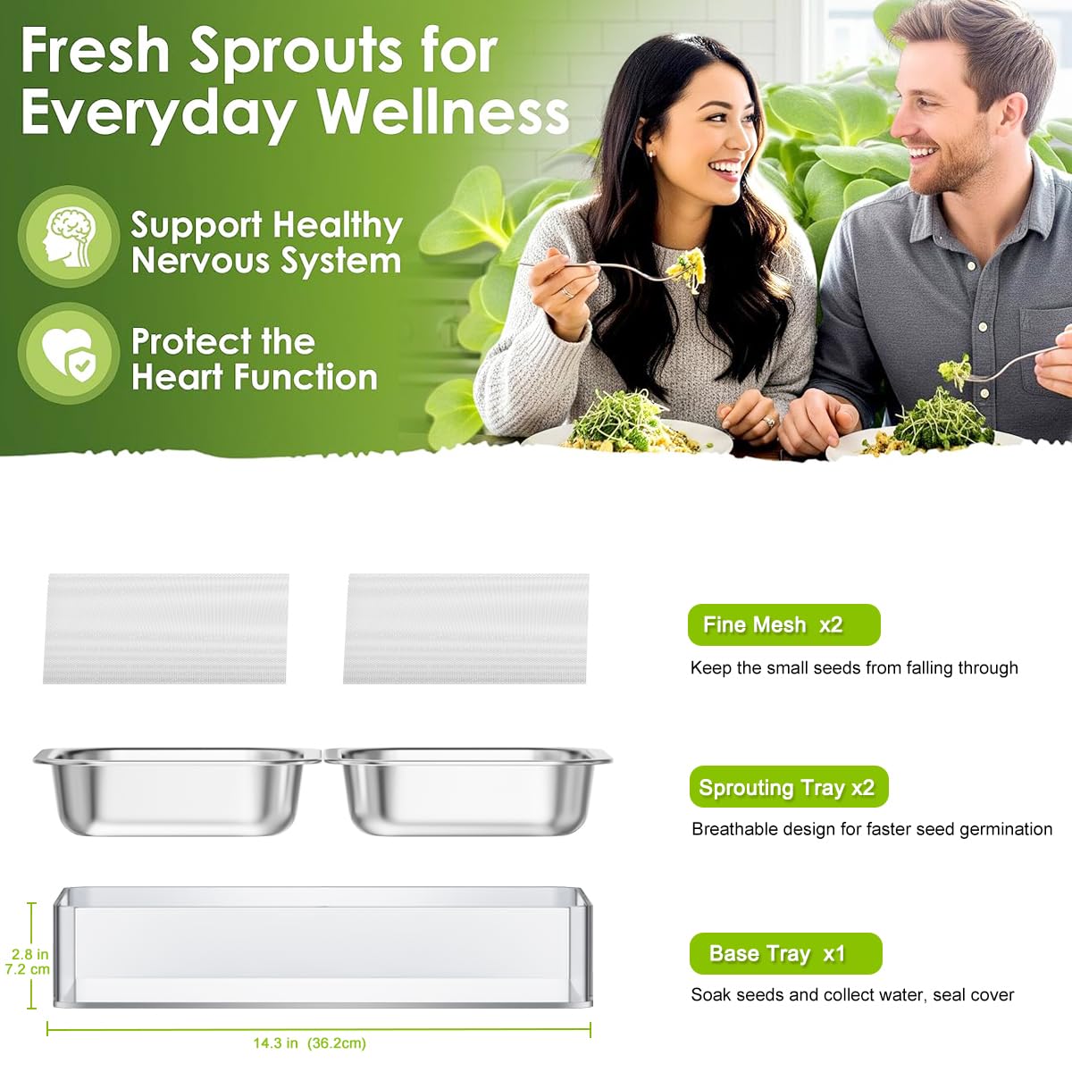 FANHAO Upgraded Visual Seed Sprouter Tray, Stainless Steel Soil-Free Cultivation Germination Tray with Acrylic Base, Healthy Microgreens Growing Kit for Indoors Sprouting Seeds, Grow Grass, Beans