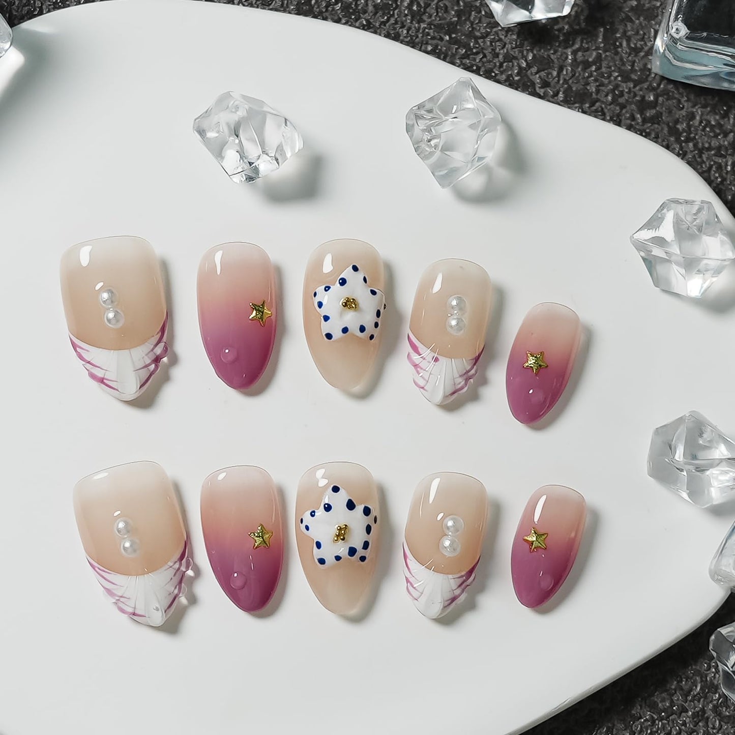 Tesytto 3D Floral Press on Nails Short Almond - Handmade Water Ripple & Pearl Design, Ombre Pink French Tip Summer Mermaid Nails (Coral Violeta,S)