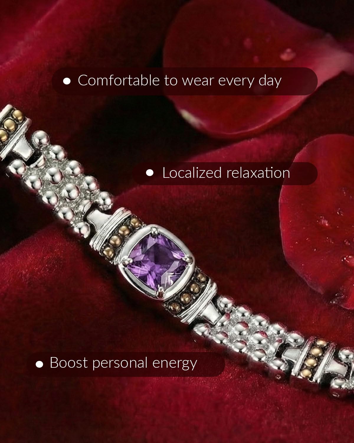 RainSo Women's Magnetic Bracelets Stainless Steel Purple Gemstone Crystal Inlaid Design Adjustable Sizing Tool with Display Box (Silver)