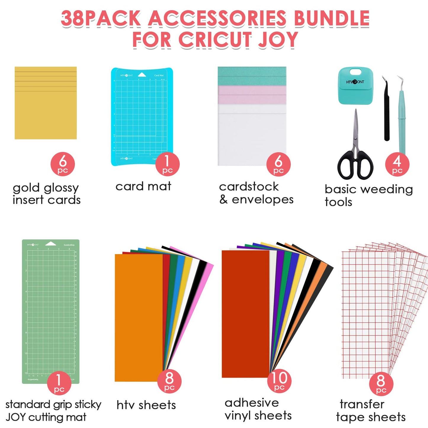 HTVRONT 38PCS Accessories Bundle Compatible with Cricut Joy, Accessories and Supplies Include Heat Transfer, Adhesive Vinyl Sheets, Insert Cards Set, Cutting Mat and Weeding Tools for Starter Kit
