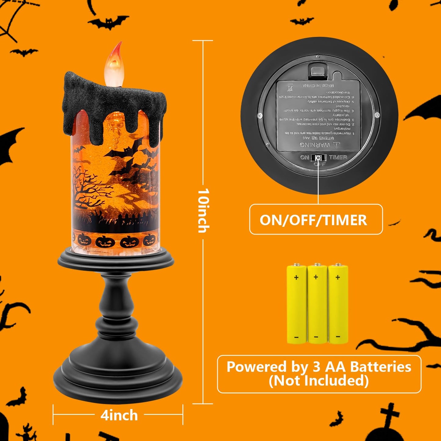 Halloween Snow Globe Flameless Candle – Lighted Halloween Glitter Lantern with Spinning Water and Timer, Pumpkin & Bat Scene Halloween Decor for Home, Party, Table Centerpiece