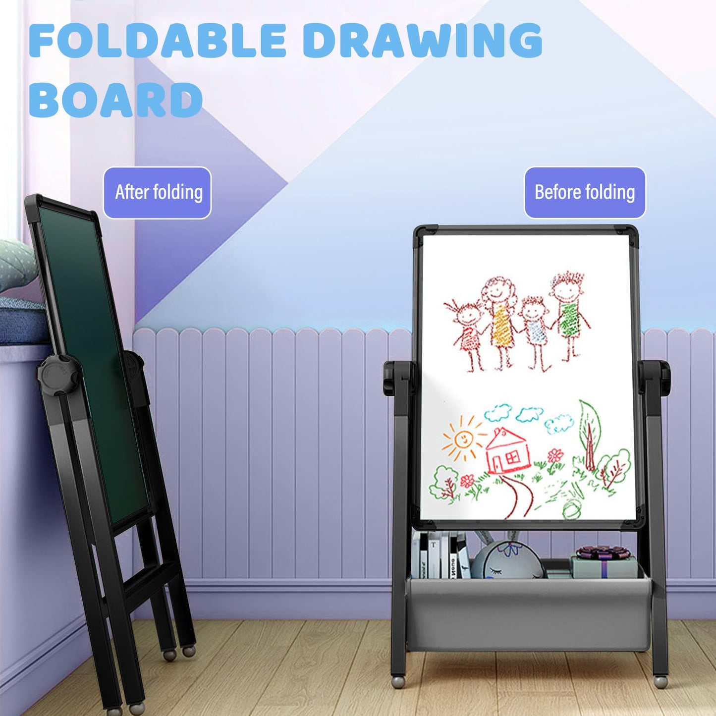 Art Easel for Kids, Double Sided Kids Easel Drawing Board, Whiteboard & Blackboard, 360°Rotating Adjustable(Black)