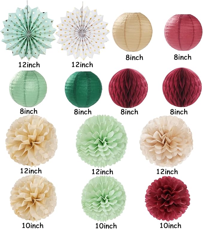 Sage-Olive Green Burgundy Champagne-Gold Party-Decorations - 14pcs Birthday Boho Paper Lanterns Fan Streamers,Tissue Pom Poms, Christmas Baby Bridal Shower Wedding Engagement Decor Lasting Surprise