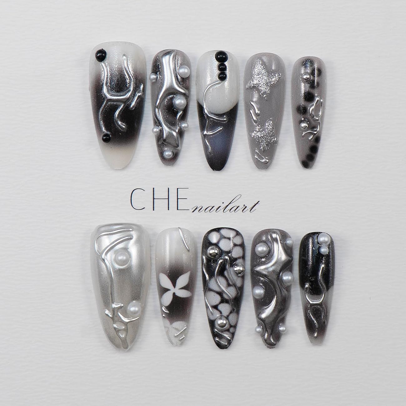 WZHAOJUN Handmade Press On Nails,Medium Black Presson Nails For Women,10pcs Abs Material Fake Nails With Design-Reusable Glue On Hand Made Nails For Party Wedding(10Pcs Size M)