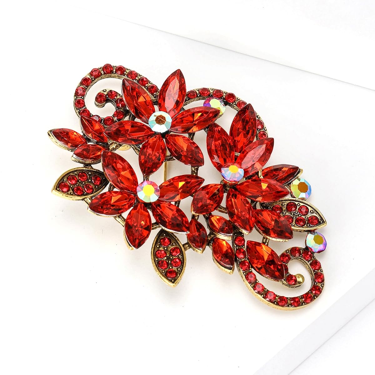 YOQUCOL Vintage Red Austrian Crystal Rhinestone Flower Shape Brooch Pin For Women