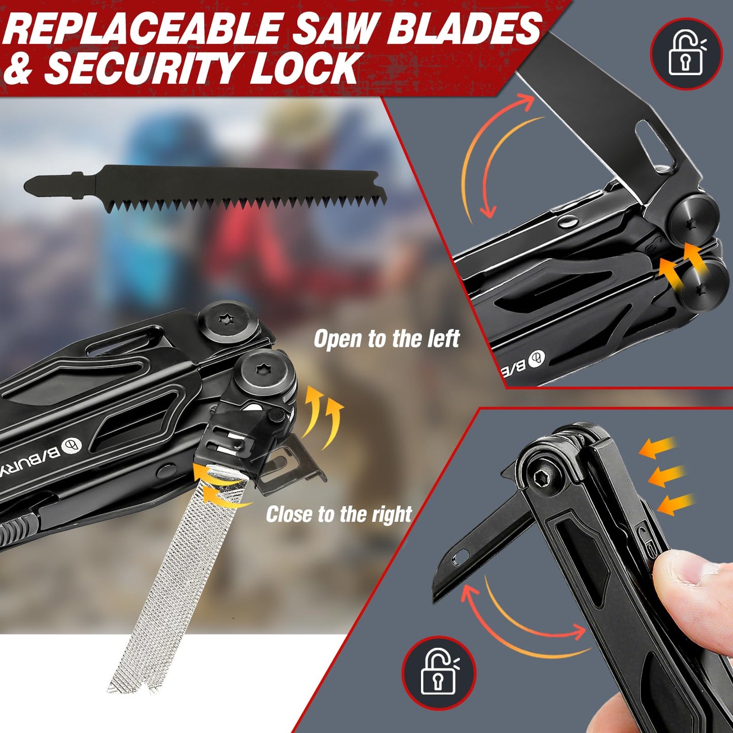 BIBURY Multitool Pliers Pro BI2045AB, Stainless Steel Foldable Multi Tool with Upgraded Scissors and Screwdriver, Multitools with Replaceable Wire Cutters and Saw, Ideal for Camping,Fishing,Survival