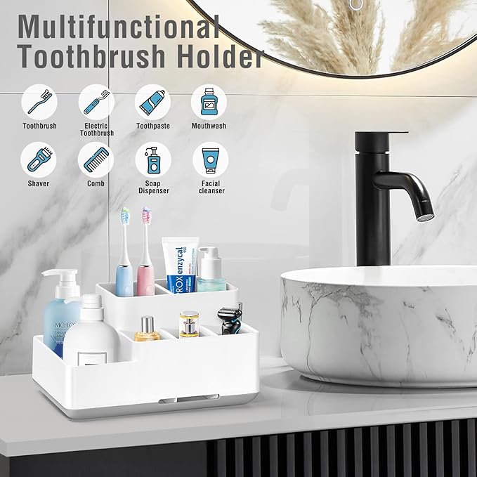 Electric Toothbrush Holder, Detachable Non-Slip Bathroom Organizer Countertop with 6 Compartments and Drainage Holes Bathroom Organizer for Bathroom, Kitchen, and Family
