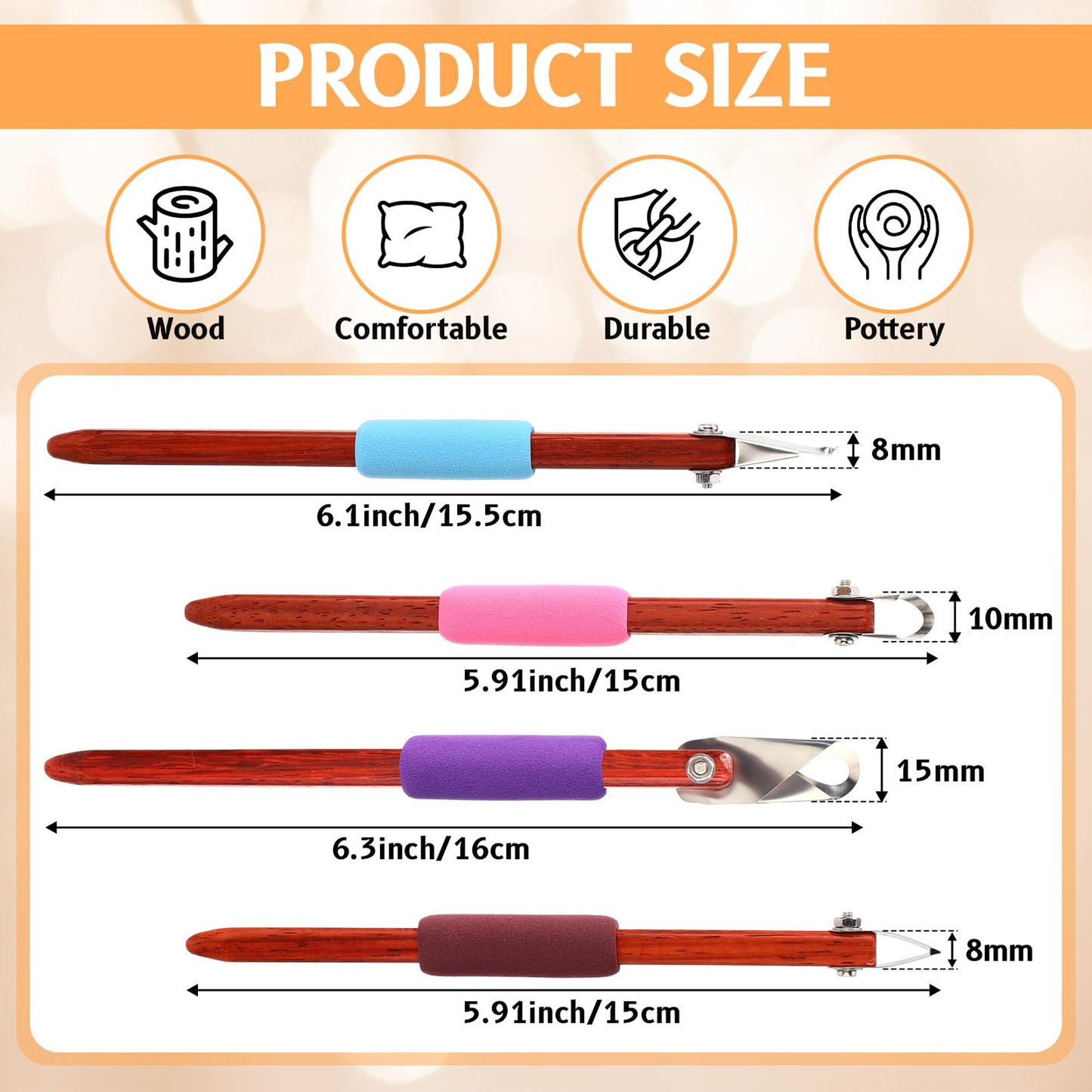 Lanties 4 Pcs Pottery Carving Tool Set Sculpture Scraper Craft Modelling Tools Red Pear Wood Texture Handle with Stainless Steel Blade for Clay Carving, Ceramic Sculpting, Graffito (Wonderful Color)