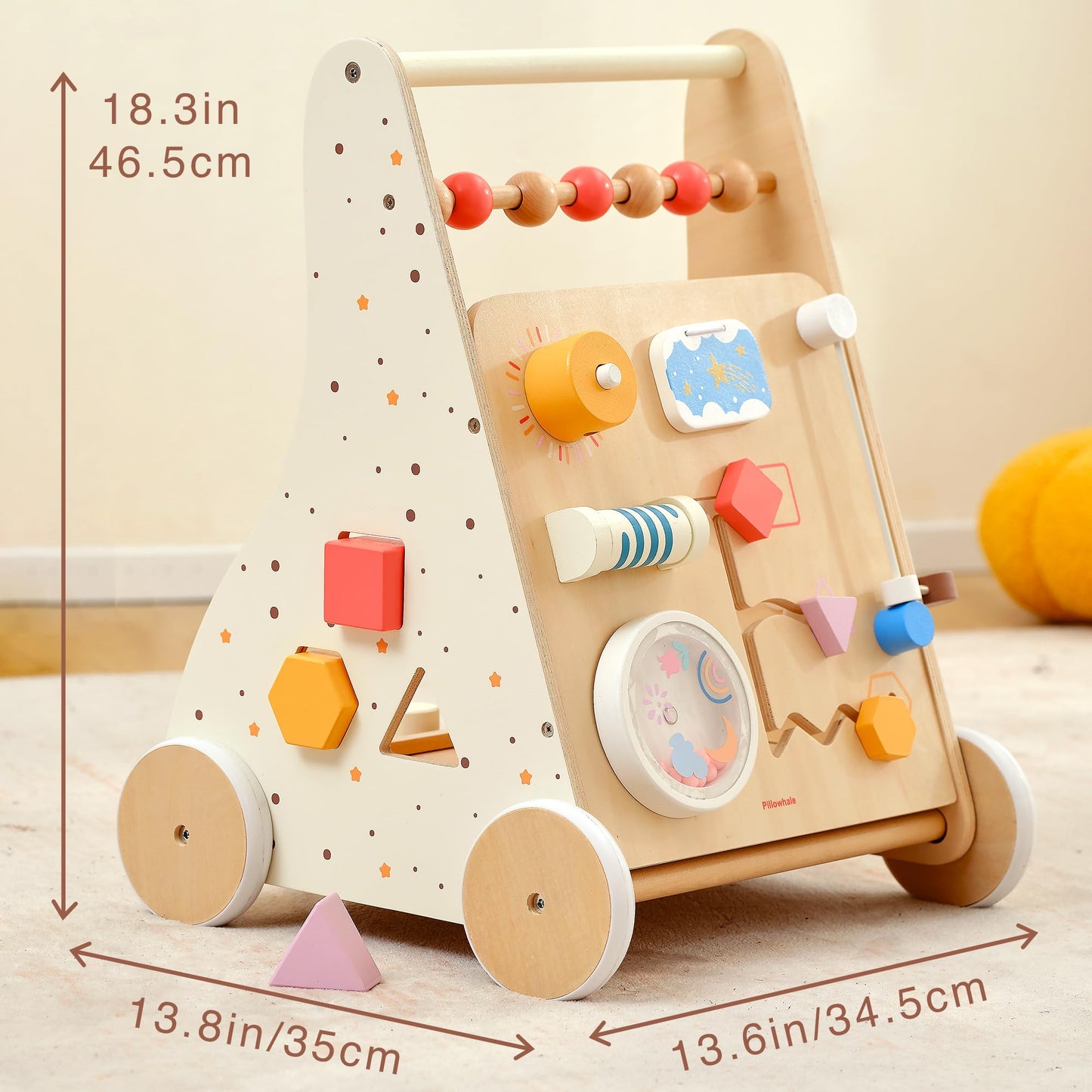 Pillowhale Wooden Baby Walker for Toddlers Learning to Walk, Push Walker Toy with Montessori Activity Center & Adjustable Brake, 12M+ (Spring Bird)