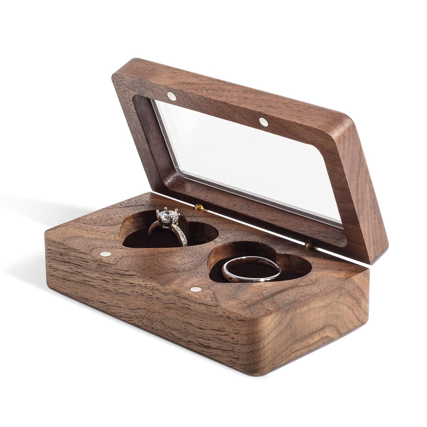 Wislist Double Ring Box for Wedding Ceremony, Walnut Wooden Heart-shaped Ring case for Wedding and Engagement (Walnut)