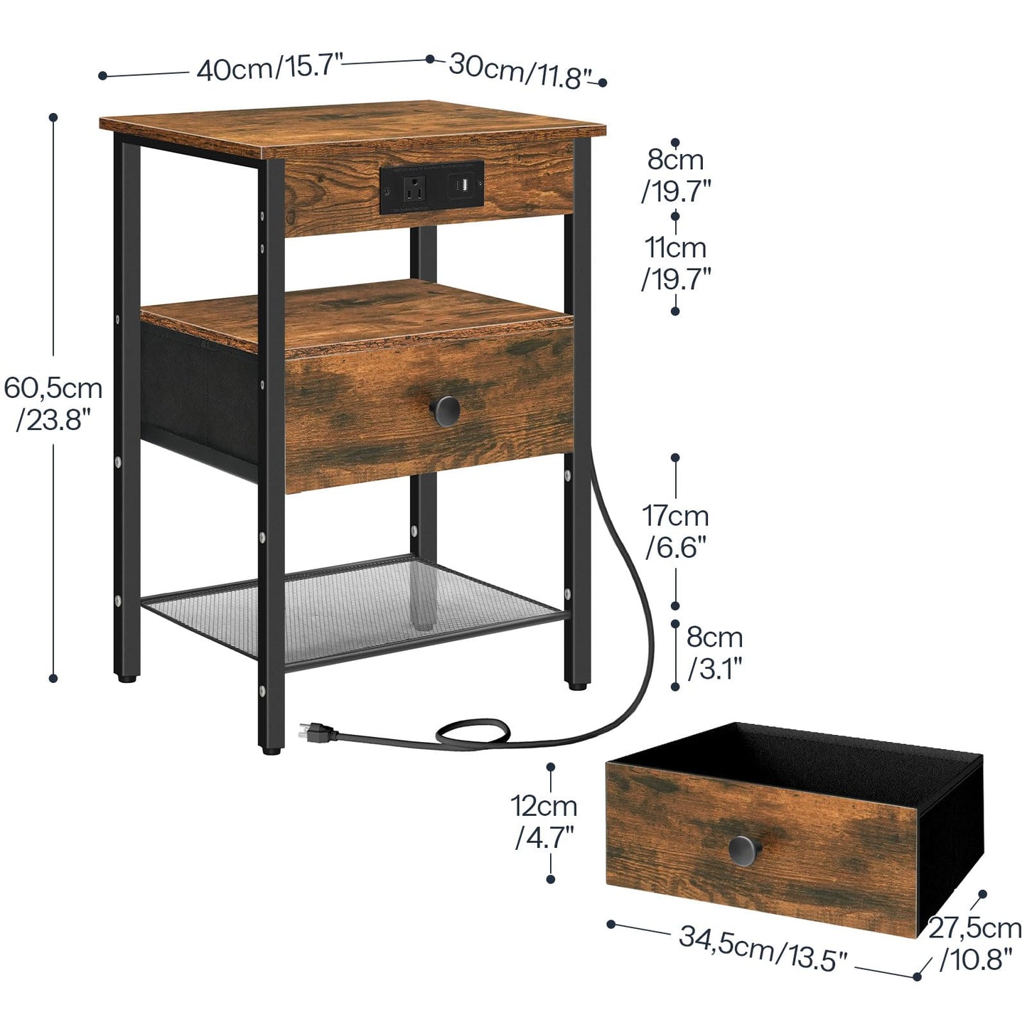 HOOBRO End Table and Nightstand Bundle, Small Side Table with 2-Tier Storage Shelves, End Table with Charging Station, BF91BZ01-BF209UDBZ01