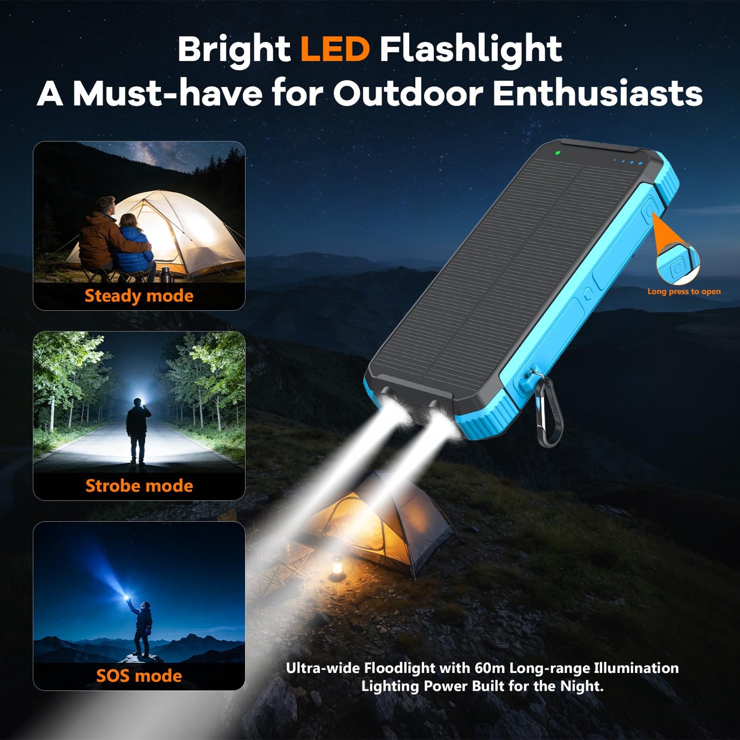 ERRBBIC Solar Charger Power Bank 20000mAh, Portable Wireless Charger, 15W Fast Charging External Battery Pack with Dual Flashlight and USB C Outputs, Outdoor Mobile Power Compatible with Cell Phones