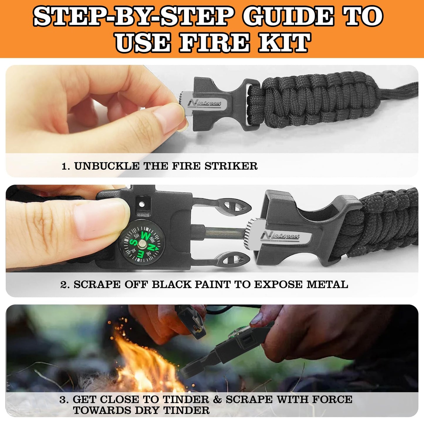 NVioAsport Paracord Survival Bracelet (3 Pack) - Adjustable with Fire Starter, Whistle, Compass - Survival Gear for Hiking, Camping, Fishing, Gifts for Men Dad Husband