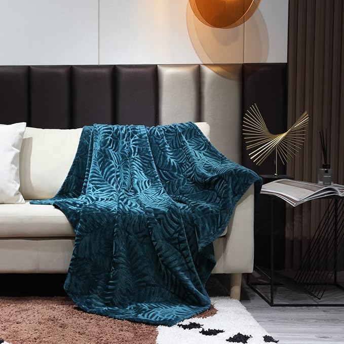 SOCHOW Super Soft Flannel Fleece Bed Blanket, Lightweight Cozy Warm Leaves Textured Plush Blanket as Bedspread Coverlet Bed Cover for All Seasons, 90 x 90 Inches, Blue Coral