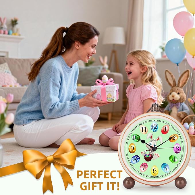 Maxspace 5.2in Cute Easter Egg Metal Table Clock, Quartz Movement Non-Ticking Small Alarm Clock with Battery Operated, HD Glass Bunny Desk Clock for Bedroom Living Room (Easter)