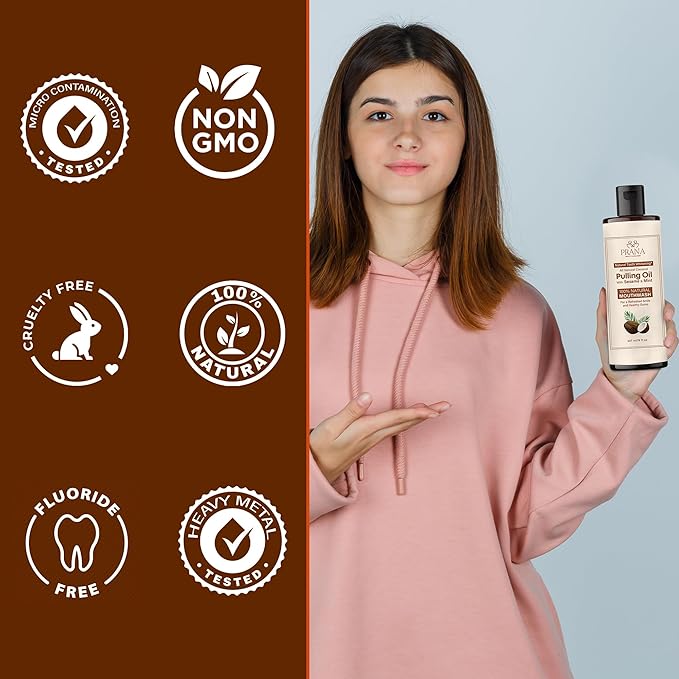 PRANA Coconut Pulling Oil Mouthwash with Tongue Scraper- Ayurvedic Oils for Clean Rinse with Coconut Oil & Clove & improving Teeth & Gum Health - Teeth Pulling Oil Keeps Your Mouth Refreshed- (2 Pack)