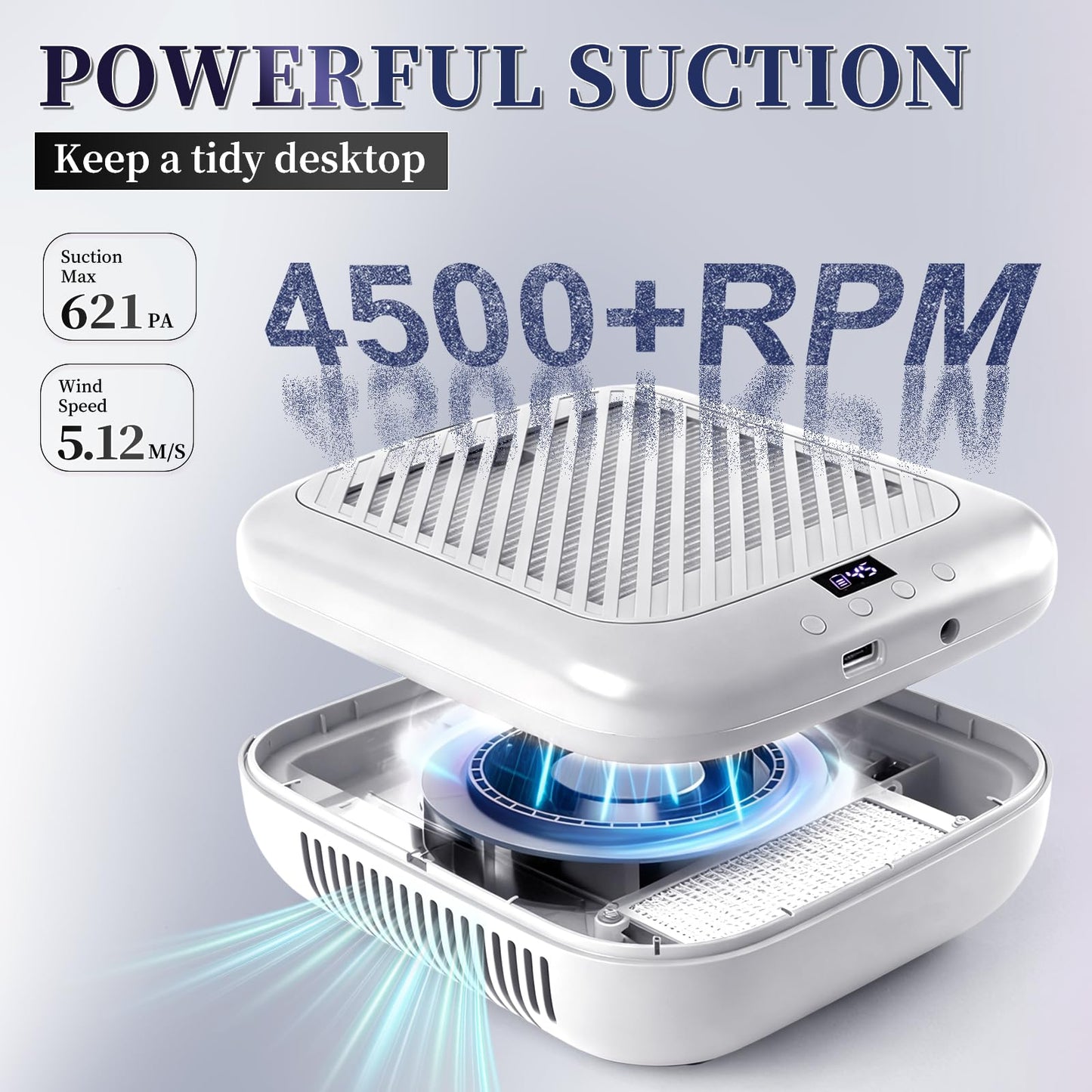 TADOPRO Nail Dust Collector, Rechargeable 4500RPM Dust Collector Nail Tech Brushless Motor with 3 Suction Modes Easy-Control Nail Vacuum Dust Collector Extractor for Beginners Home Salon Use(White)