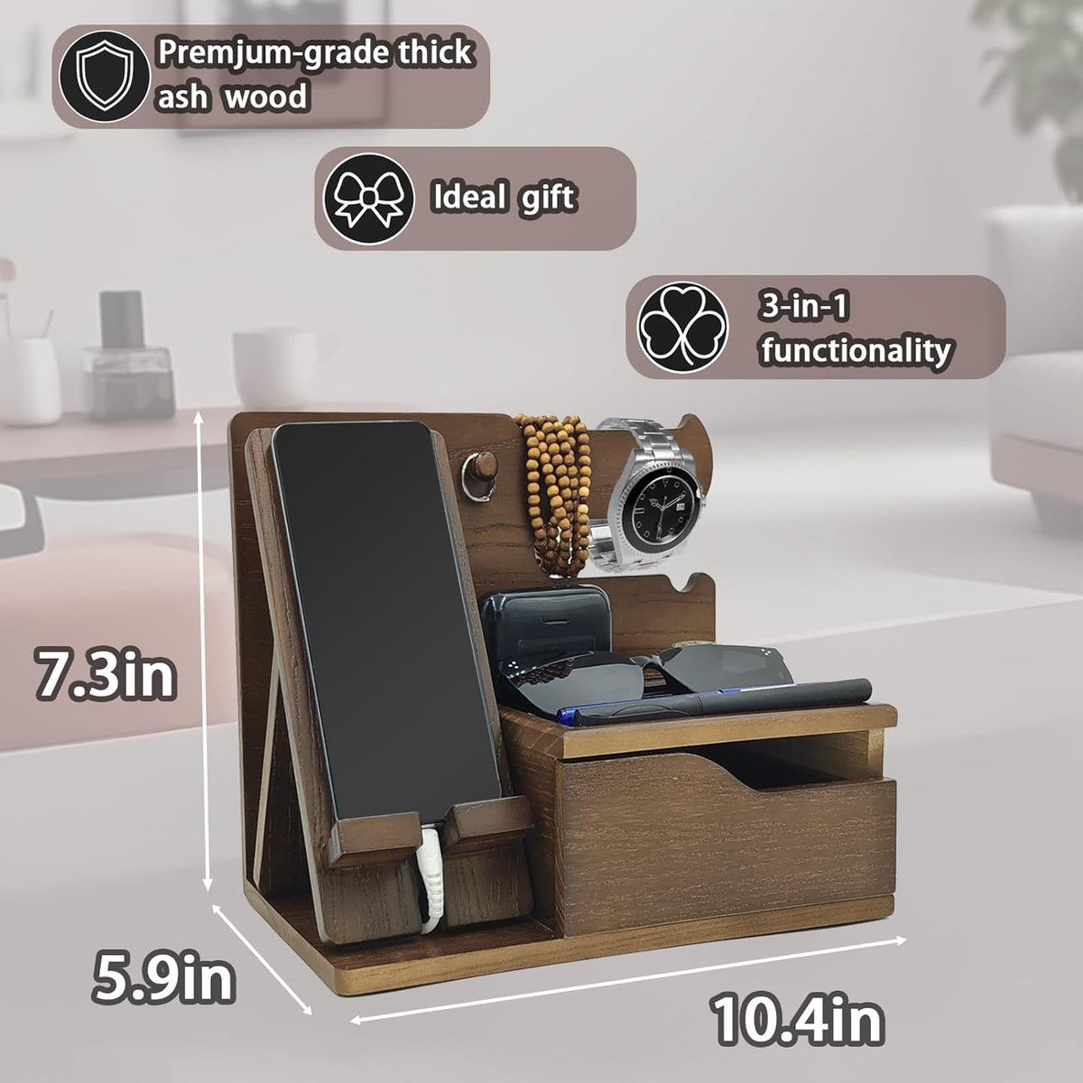 3-in-1 Wood Phone Docking Station Organizer with Drawer & Hidden Charging Hole for Phone, Keys, Glasses & Accessories, for Men (WALNUT, 01)