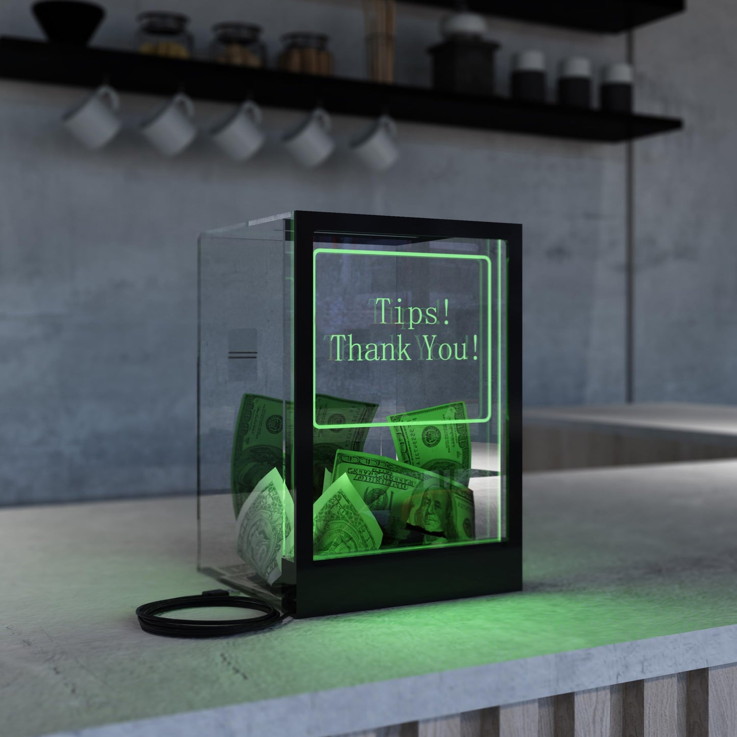 HEMYLU Tip Jar with 2 Sign Holders, LED Light & Lock for Bar & Party, Donation Box with Sign Holder ''Tips! Thank You!'', Suggestion Box with DIY Blank Sign Holder for Getting Cards, Voting & Ballots