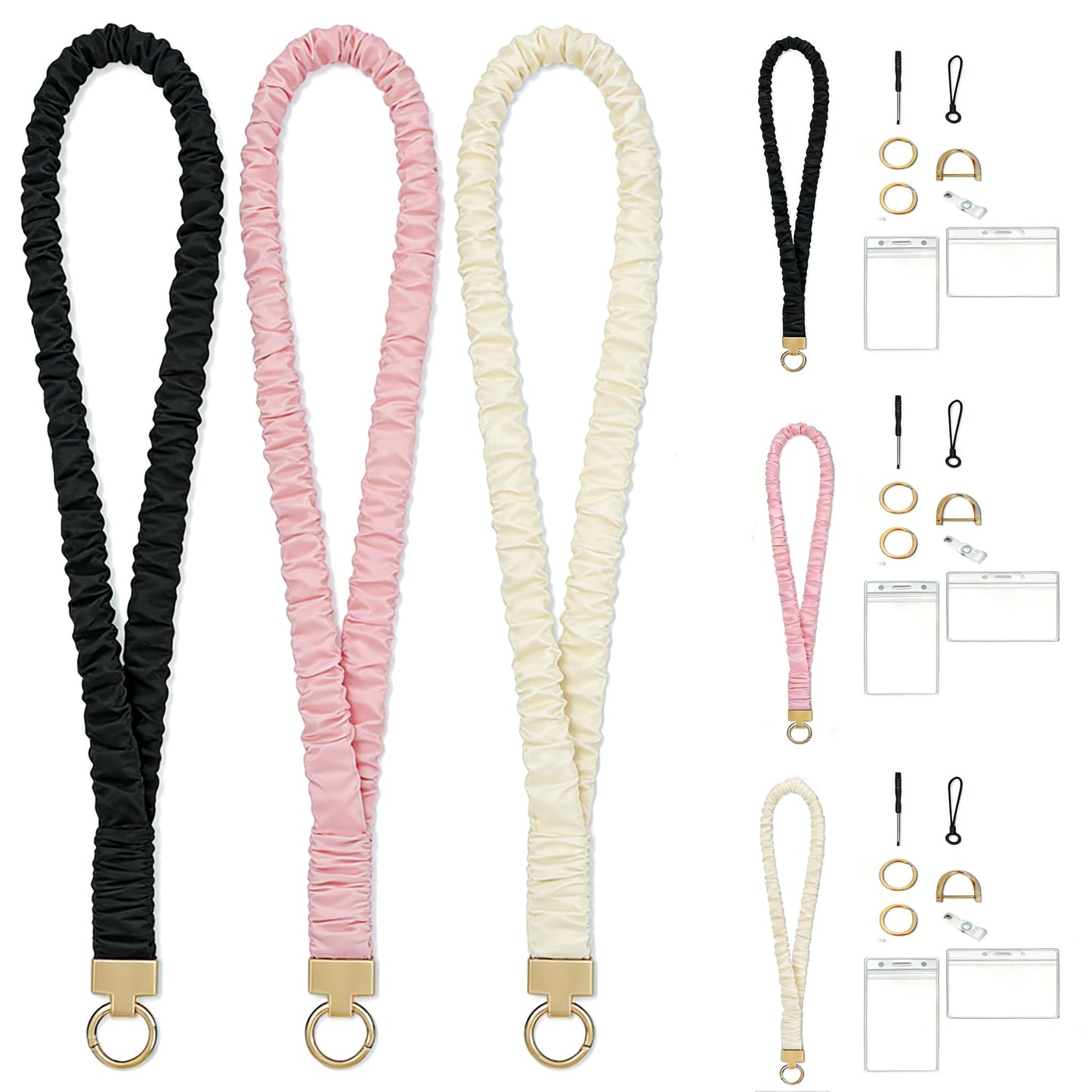 3-Pack Stretchy Elastic Lanyard Set – Soft Fabric Neck Badge Holder with Key Ring for ID Card, Keys, Phone & USB Drive | Multi-Use Organizer for Nurse, Teacher, Office Worker, Student