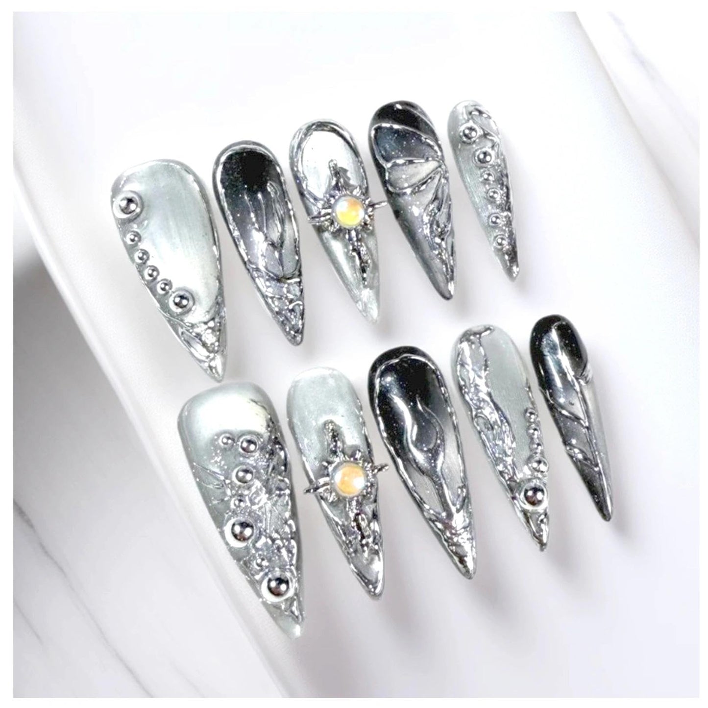 Handmade 3D Metallic Futuristic Stiletto Press On Nails, Silver Black Mechanic Artisan Nails Set, Reusable Glossy Press-ons with Tool Kit (XS)