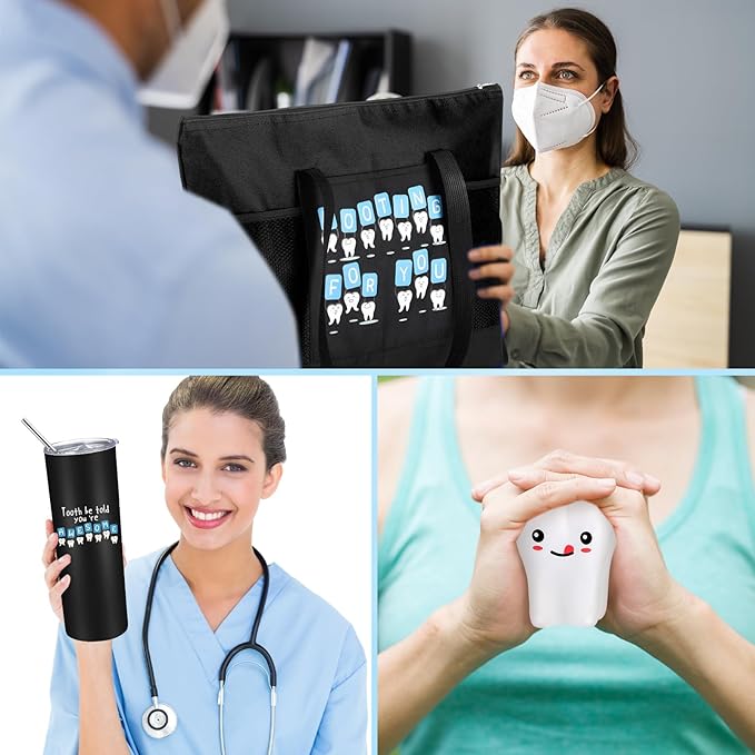 Nuogo 3 Pcs Positive Dental Hygienist Gifts Dentist Assistant Gift for Women Men Inspirational 20oz Tumbler Tote Bag Tooth Stress Toy for Dental Hygiene Month Employee Appreciation(Black,Teeth)