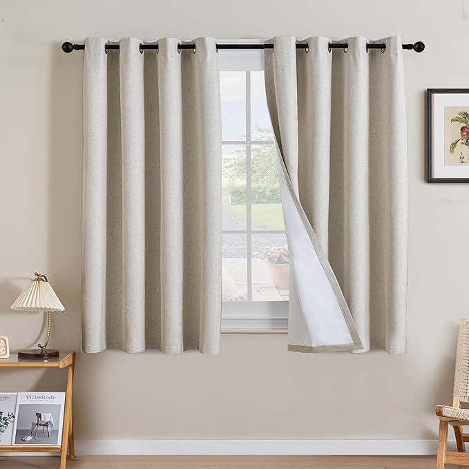 H.VERSAILTEX Linen Curtains 100% Blackout Curtains for Bedroom 54 inch Long Full Light Blocking Nature Linen Blended Window Curtains for Living Room Nickel Grommet (2 Panels, Heathered Linen)