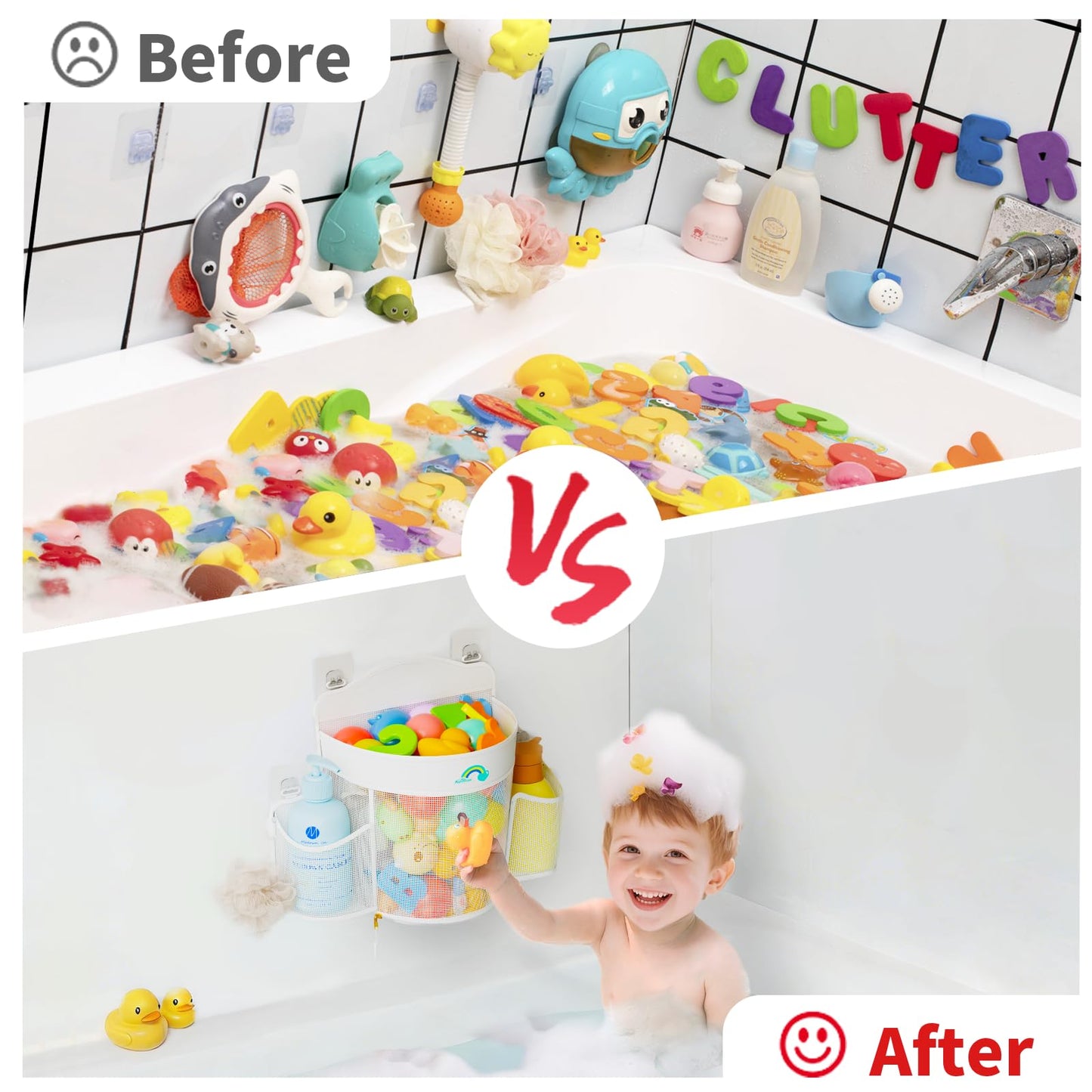 Austion Hanging Bath Toy Storage - Large Opening Quick Dry Mesh Bath Toy Holder with 2 Side Pockets and Bottom Zipper, Space-Saving Bath Toy Organizer for Kids Bathtubs - White
