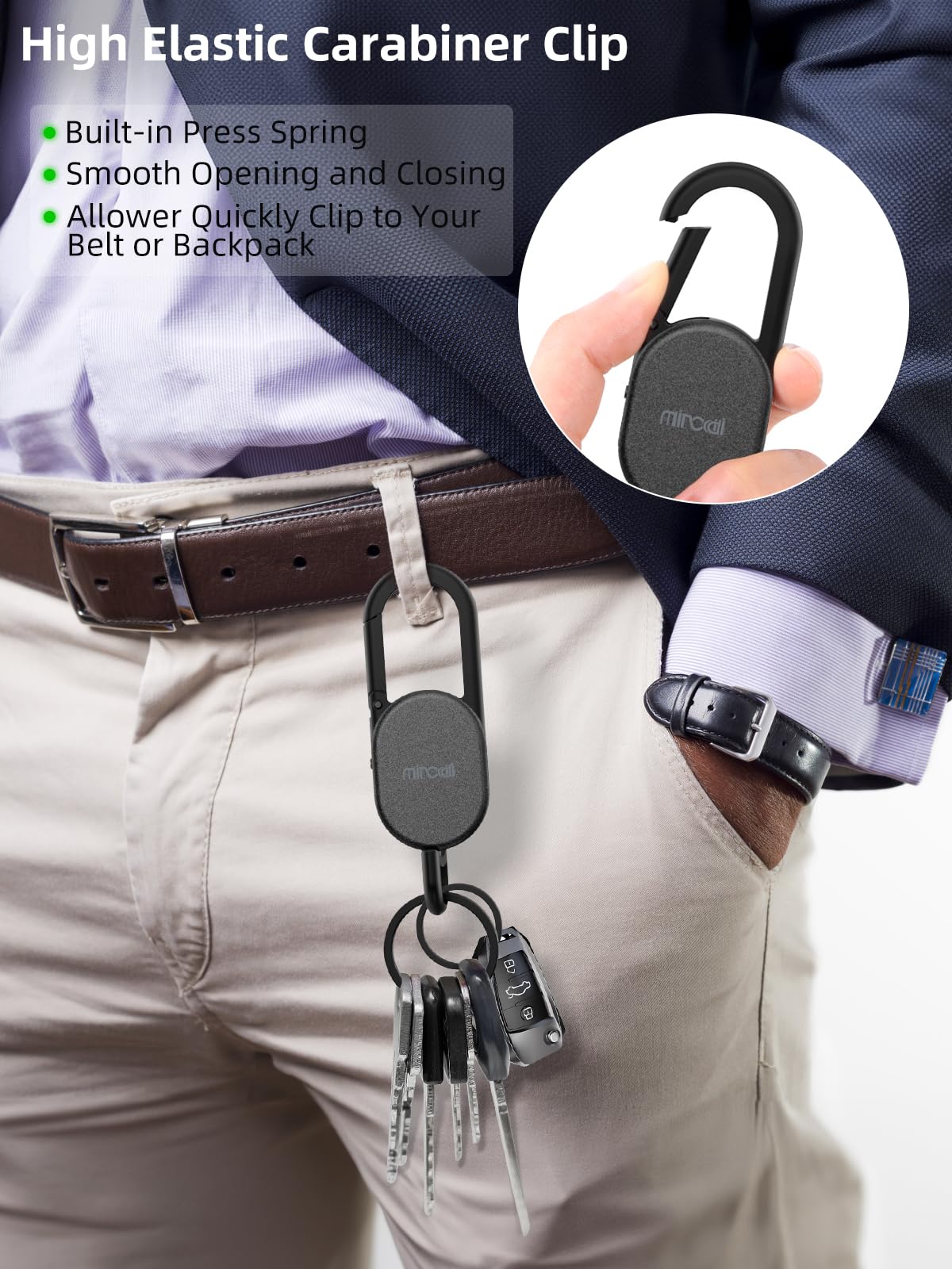 Keychain Tracker, Keys Finder Works Compatible with Find My App (iOS Only), Heavy Duty Keychain Carabiner Car Key Chains for Men, Anti-Lost Tracker with Keyrings, Rechargeable & Waterproof, Black
