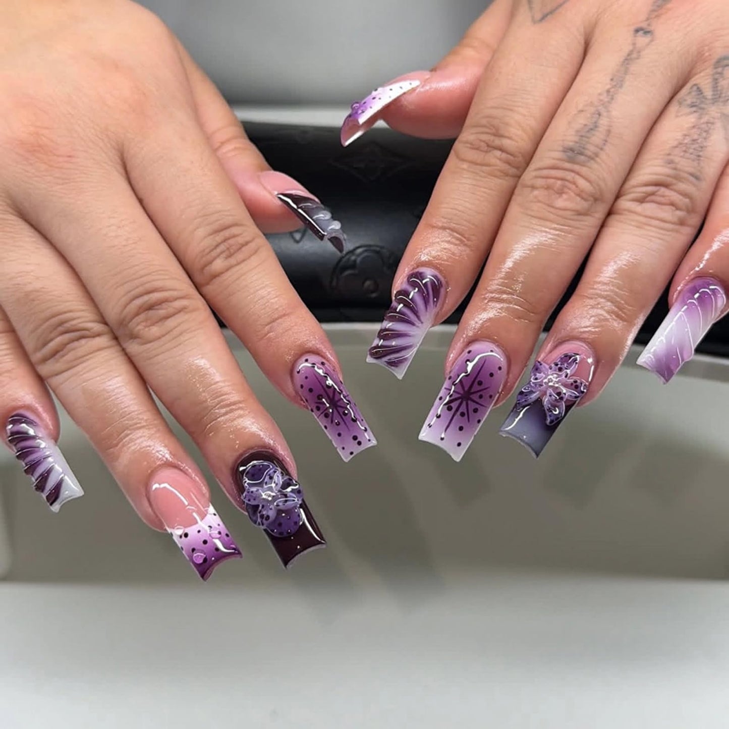 MISUD Press on Nails - Long Square Fake Nails with Purple French Tip, Acrylic Handmade 3D Gel Flower Design 24 pcs