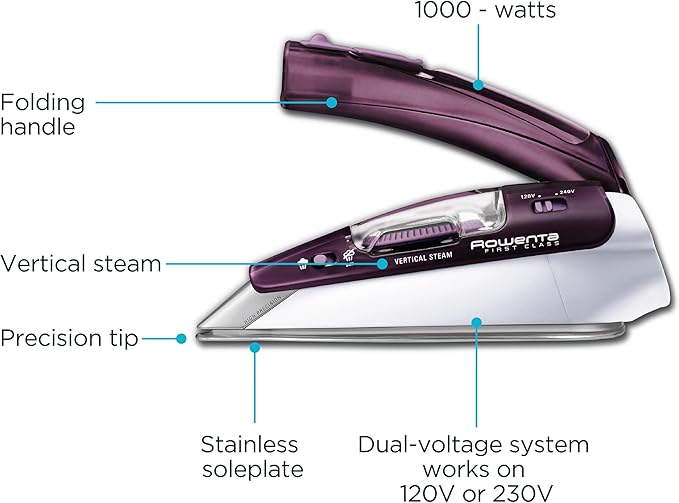 Rowenta Travel Iron, Pro Compact Stainless Steel Soleplate Hand Held Steamer Iron for Clothes, 200 Microsteam Holes, 1000 Watts Ironing, Fabric Steamer, Dual Voltage, Mini Iron, Purple, DA1560