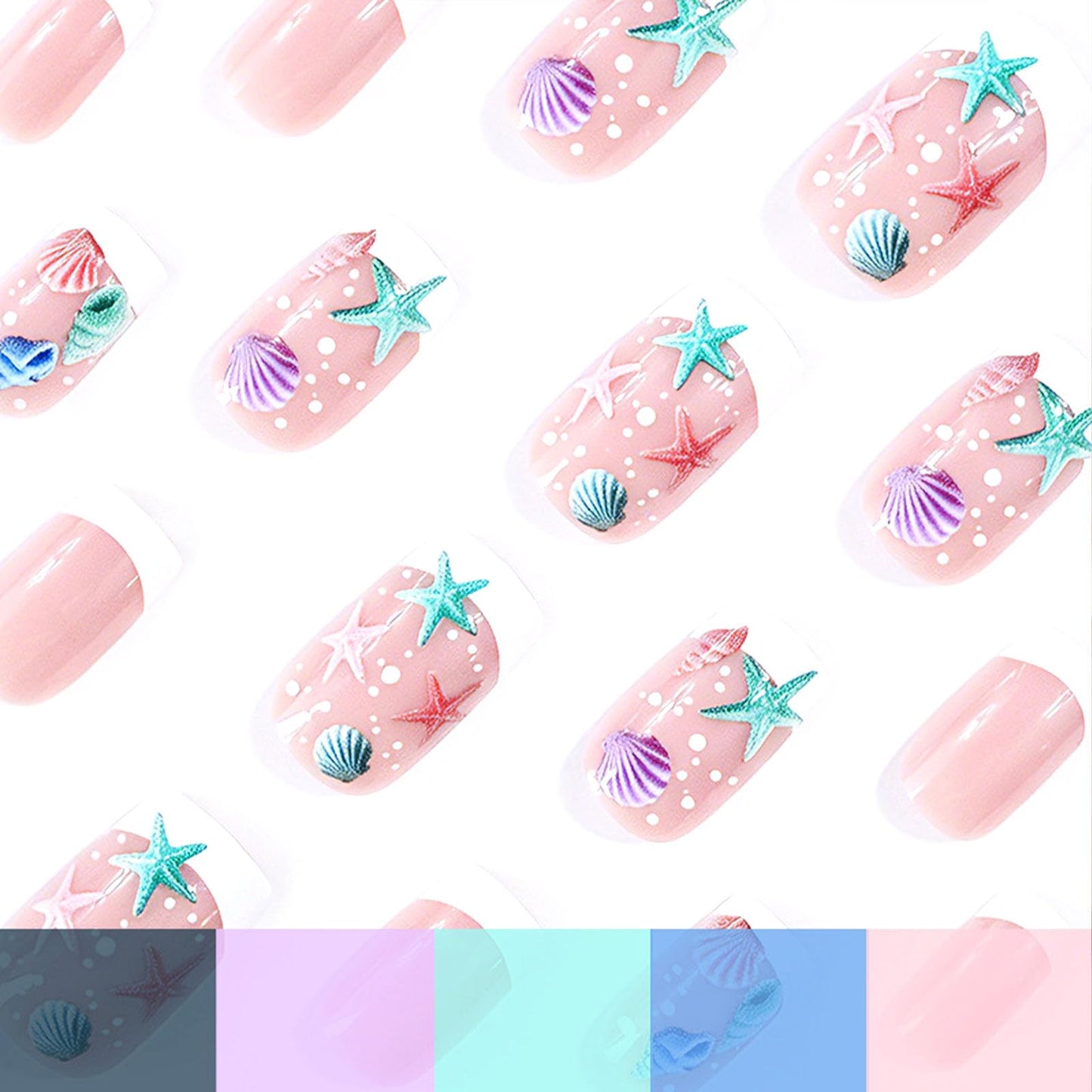 Summer Press on Nails Medium Square Fake Nails with Starfish Shell Dot Designs Glossy Nails Press ons White French Tip Glue on Nails Acrylic Artificial Stick on Nails for Women 24Pcs