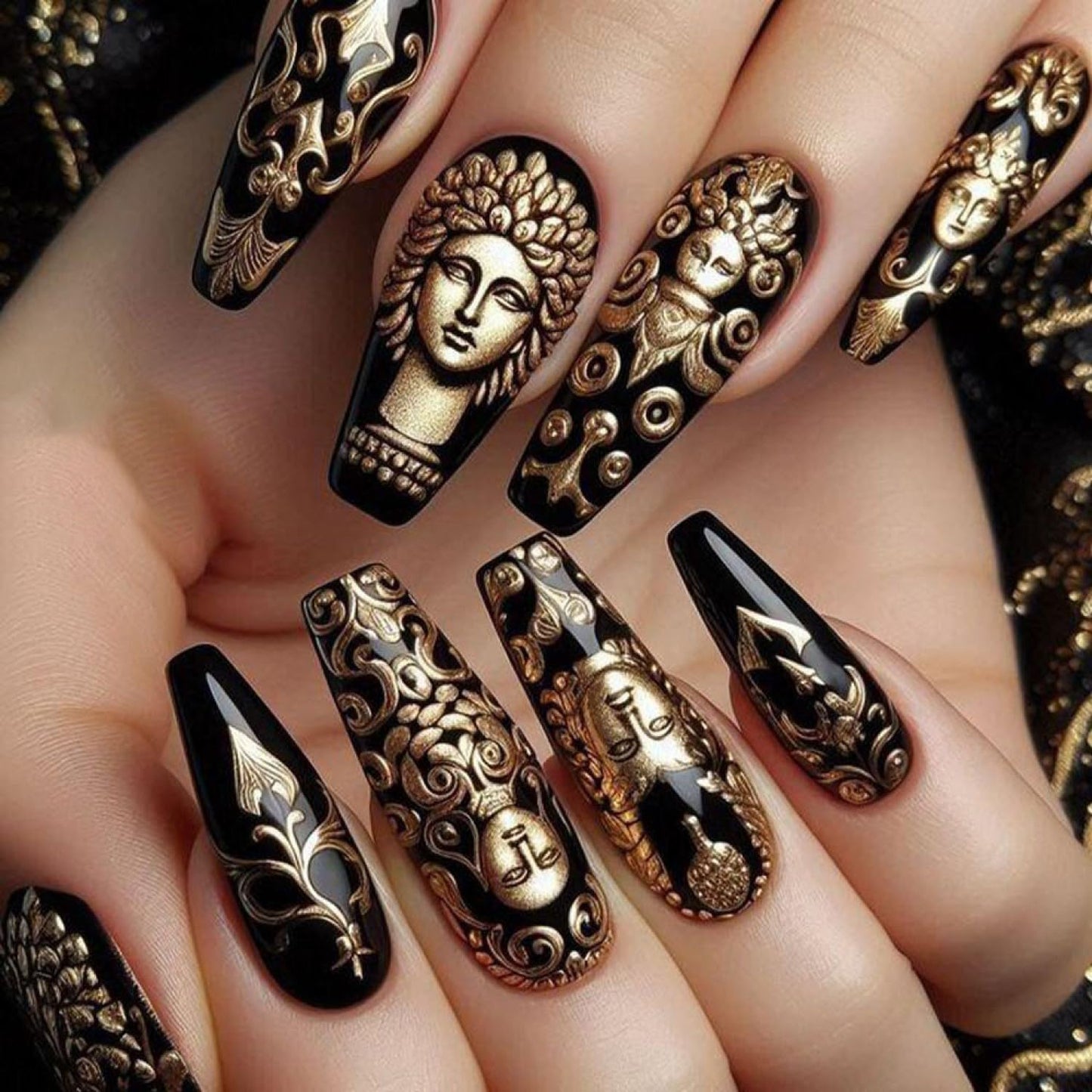Chunmeng 24PCS Acrylic False Nails, Medium Length With Retro God & Armor Pattern, Glossy Press on Nails Set for Women's Nail Art Decoration Lasting Shine False