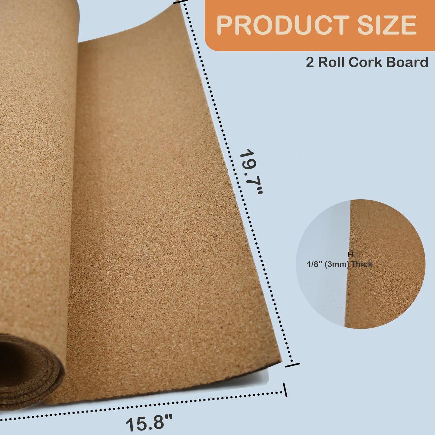 15.8"x19.7"(40x50cm) Cork Board Roll, 1/8" (3mm) Thick Cork Boards for Walls, Ideal for Office, Home, School