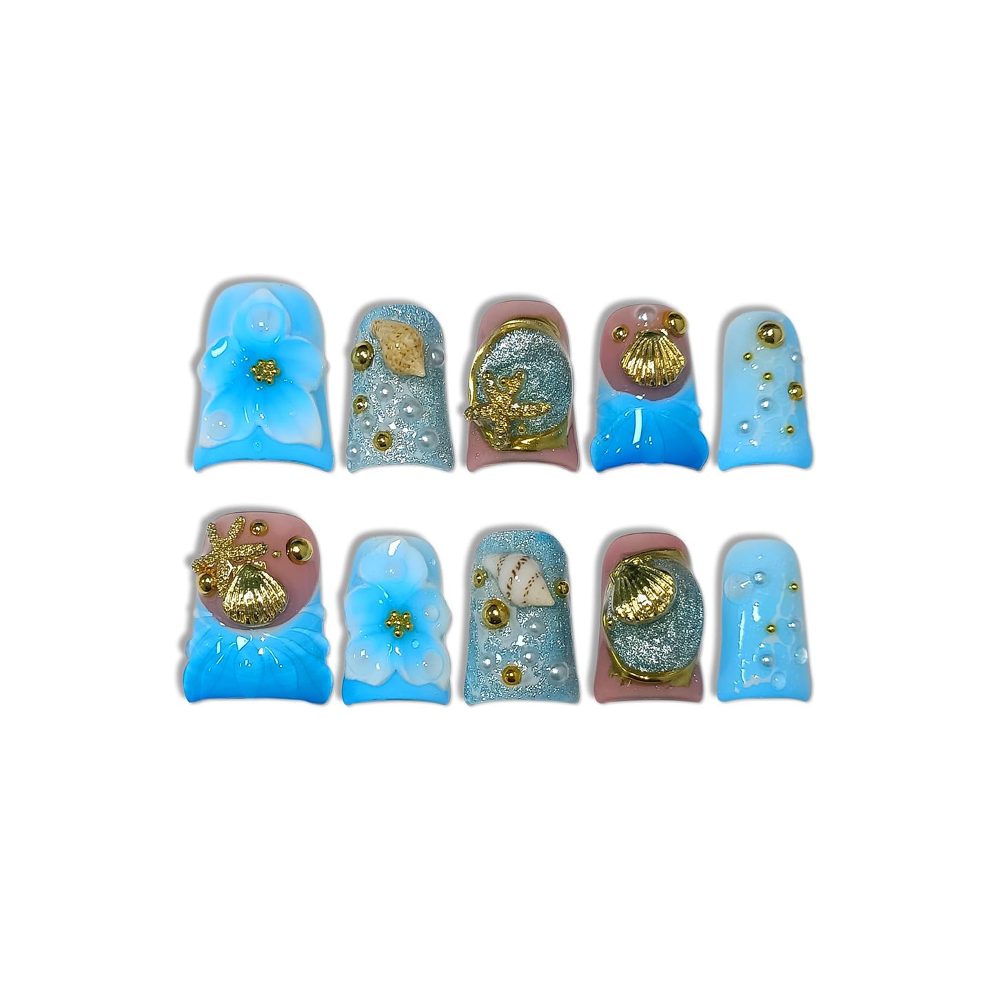 TENPAL Handmade Duckbill Press on Nails Short - Ocean Blue 3D Shell Starfish Glitter Design Fake Nails with Tools, Acrylic Glossy Reusable Y2K False Duck Nails for Women Girls(L)