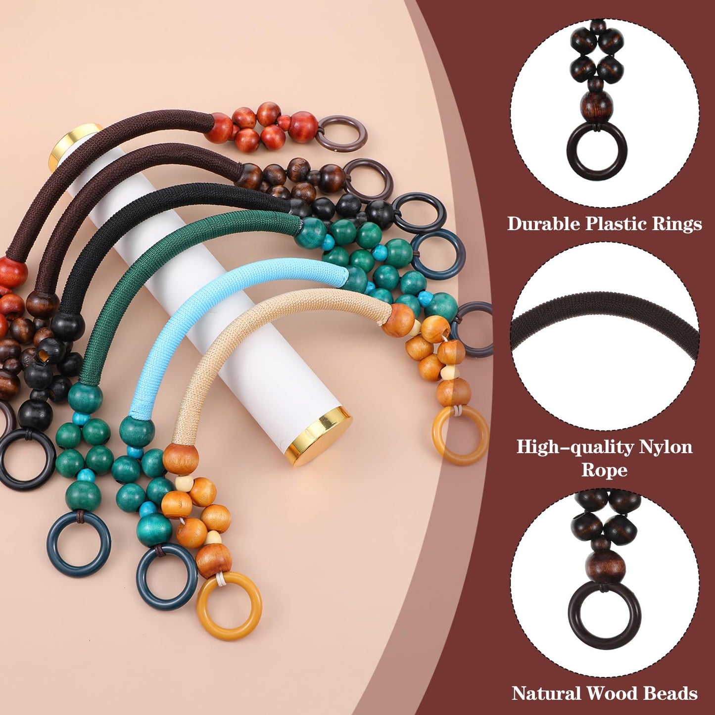 12 PCS Wooden Beaded Purse Handles, 6 Colors Rustic Nylon Rope Bag Straps with Beads, 18 Inch U-Shape Replacement Handles for DIY Crochet Tote, Beach Bags, Macrame Bag Making Supplies