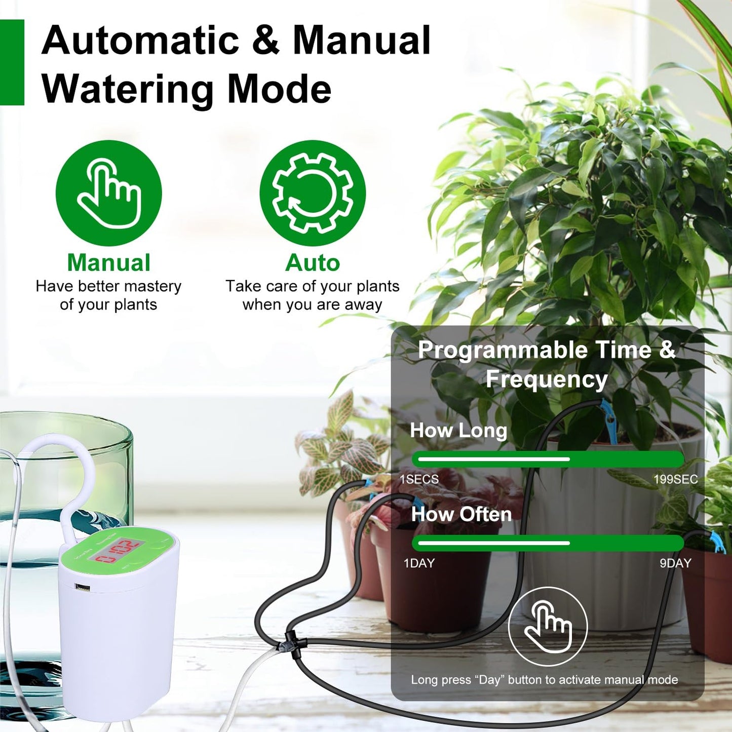 TeqHome Automatic Plant Waterer Indoor for 12 Potted Plants, Self Watering Drip Irrigation System Kit with Programmable Water Timer for Outdoor Indoor Office Garden Balcony Vacation Patio Greenhouse