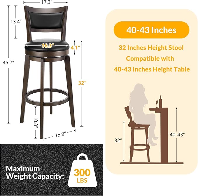 PrimeZone Swivel Bar Stools Set of 8, 32 Inch Tall Bar Height Barstools, Black Faux Leather Bar Stool with High Backrest & Solid Wood Legs & Wrap-Around Footrest, Counter Stools for Pub