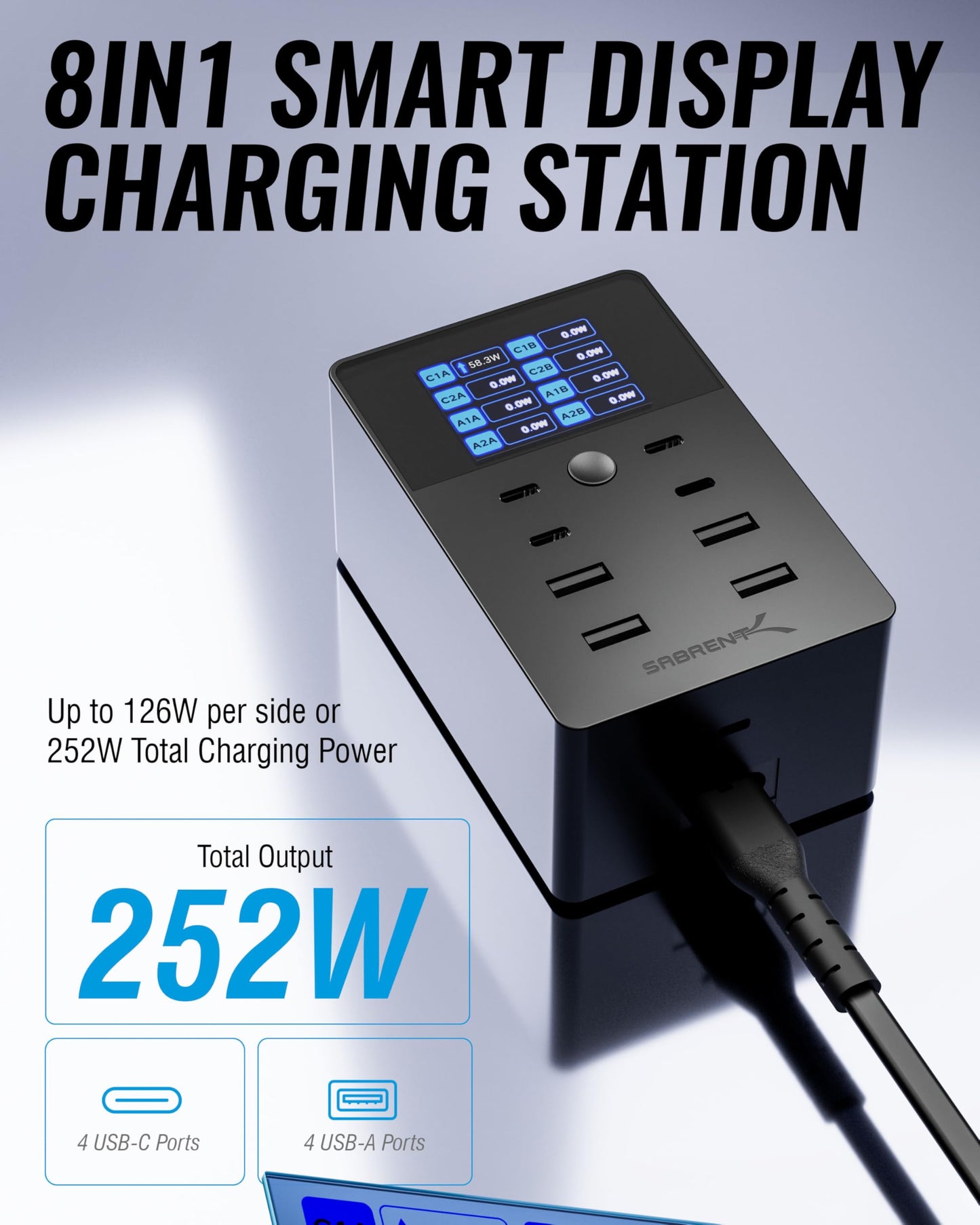 SABRENT VOLTIK Charging Station, 252W 8-Port USB C and USB A Desktop Charger, UL Certified with Real-Time LCD Display, Fast Charging for MacBook, iPhone, Samsung and More