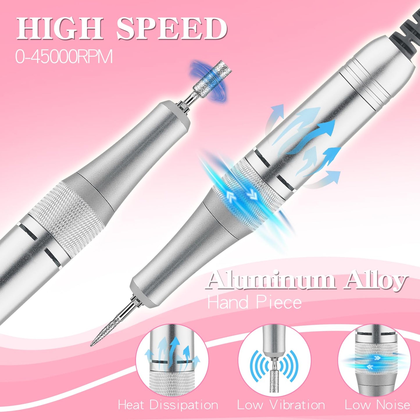 Professional Electric Nail Drill Machine, 45000RPM Nail File Acrylic Nail Kit with 6 Nail Drill Bits, Cordless E-File Nail Kits for Acrylic Nails Gel Polishing for Manicure Salon Home