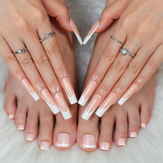 48Pcs White French Tips Press on Nails Nude Pink Press on Toenails Medium Long Square Glue on Nails with Designs Full Cover Skintones False Nails Glossy Summer Fake Toenails for Women DIY Manicure