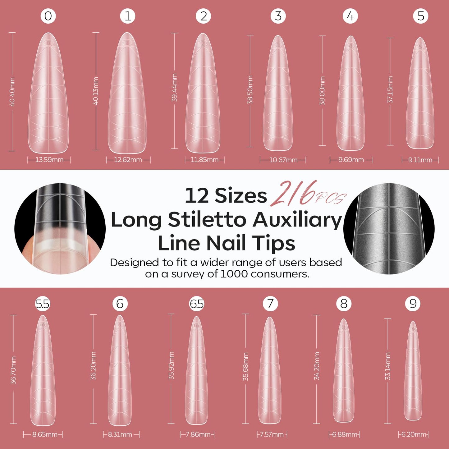 modelones Long Almond Guiding Line Nail Tips, Stiletto Soft Gel Tips Fake Nails False Acrylic Extensions Seamless Accurate Positioning Scale Line, Full Matte Professional Nail Salon 216PCS 12Sizes