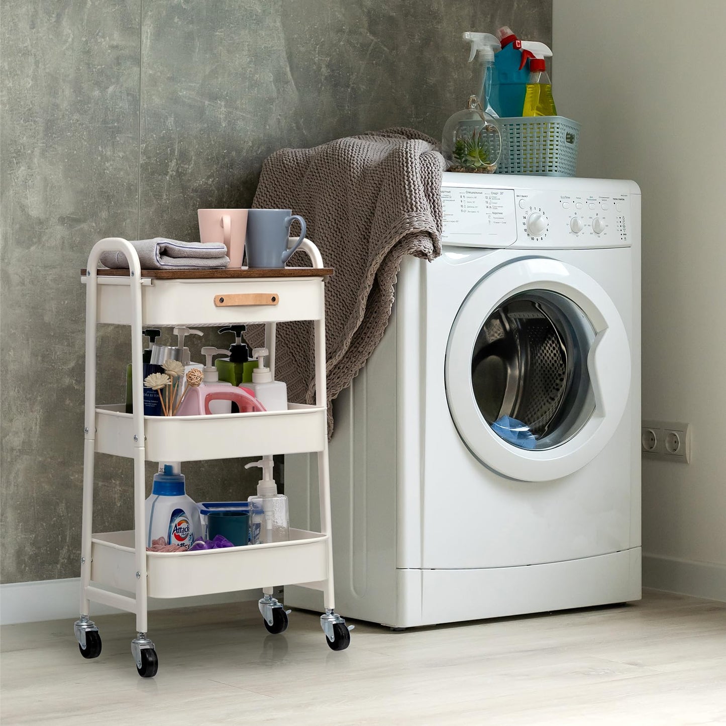 AGTEK 3 Tier Rolling Utility Cart Organizer with Drawer, Metal Craft Cart with Wheels for Bathroom, Kitchen, Office, Nursery Diaper, White