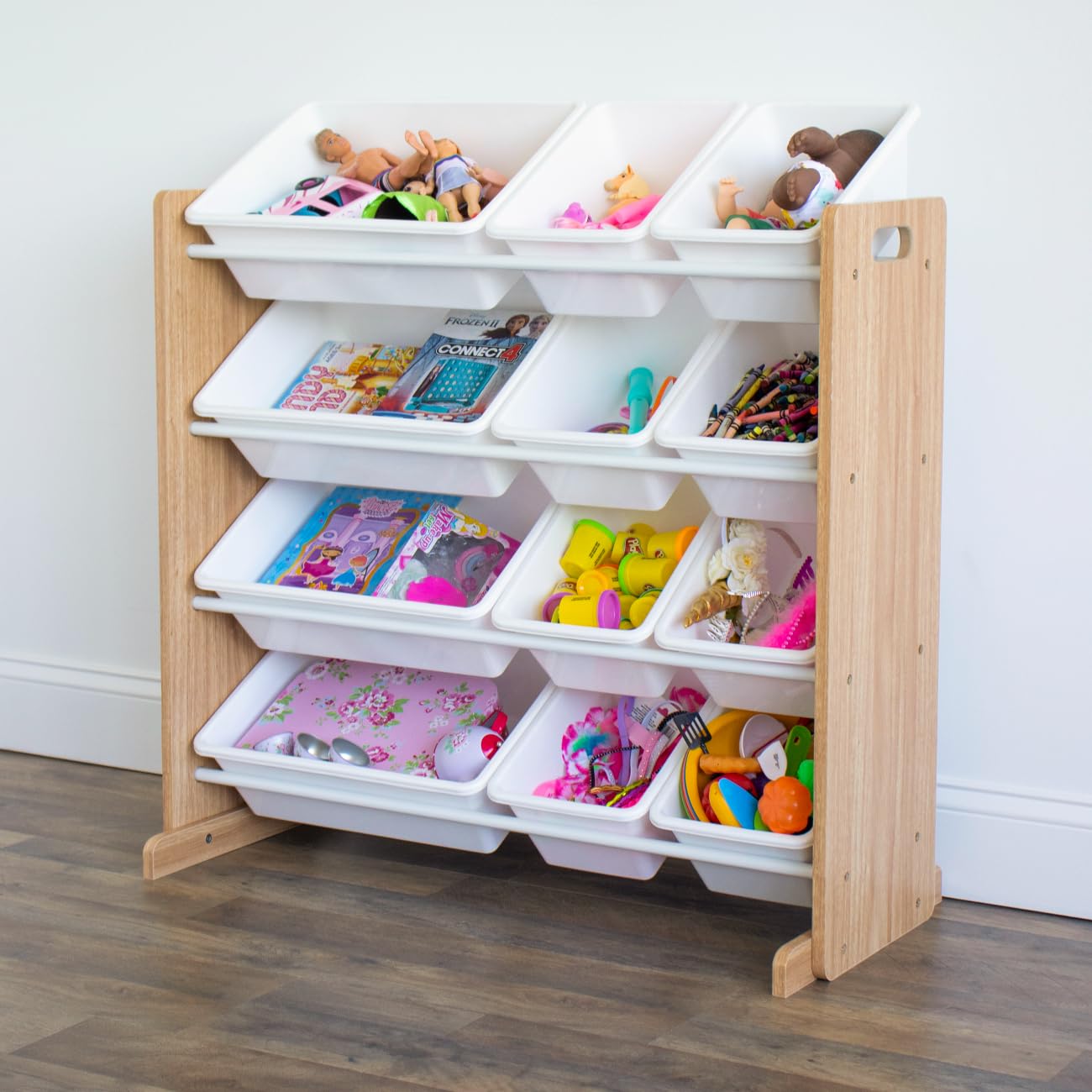 Humble Crew Toy Storage Organizer with 12 Removable Storage Bins for Kids Playroom, 4-Tier Toddler Toy Organization, Natural Wood/White