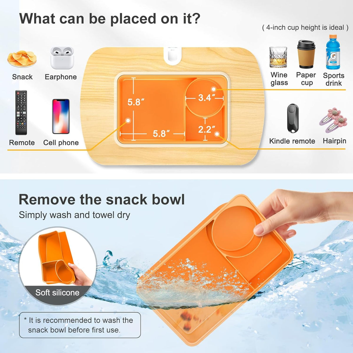Lap Beanbag Tablet Pillow Stand with Snack Bowl and 360° Rotating Arm, Adjustable iPad Holder for Bed, Couch, and Recliner, Compatible with 4.7"-13" Kindle, iPad, Tablet, Phone,Orange